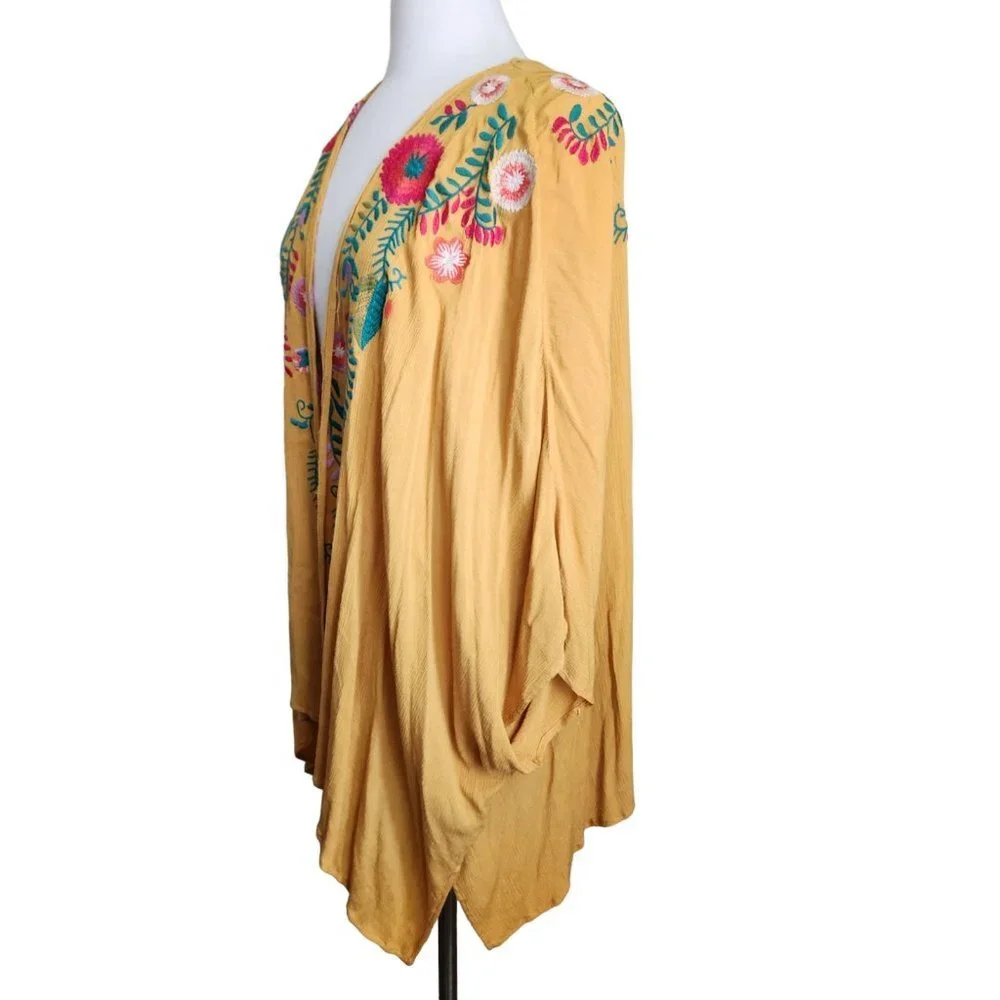 Umgee Mustard Yellow‎ Floral Embroidered Kimnono Cardigan Sz S/M Boho Cottage - Picture 4 of 15
